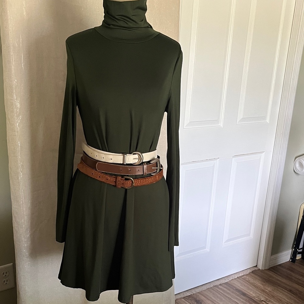 SHEIN Olive Green Turtleneck Long Sleeve A-Line Dress